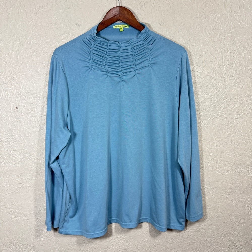 Trisha Tyler Top‎ 2X Shirred Mock Neck Pullover Turquoise Jersey Stretch Travel